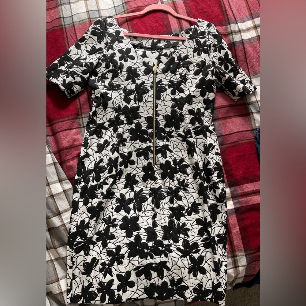 Calvin Klein Black and White Floral Zip-Front Dress